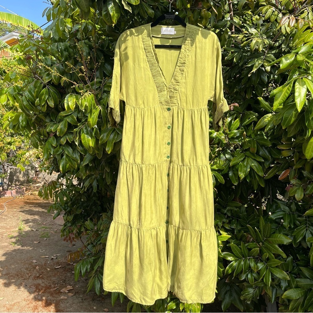 Sancia green cupro viscose satin short sleeve pleated‎ tiered button down midi